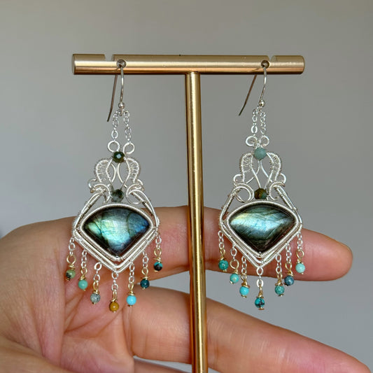 Handmade Green Labradorite Earrings - Wire Wrapped Jewelry