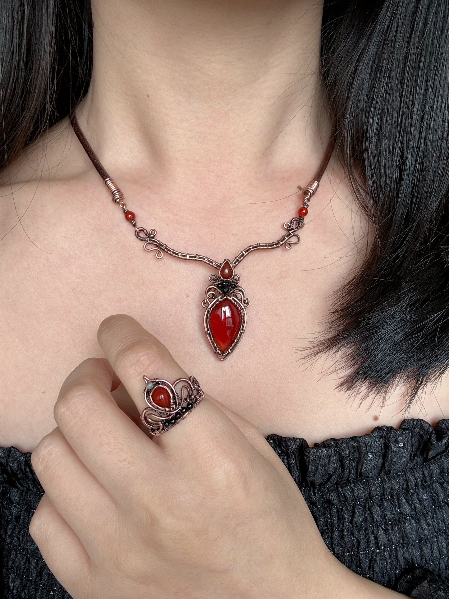 Handmade Garnet Necklace and Red Agate Ring - Jewelry Set