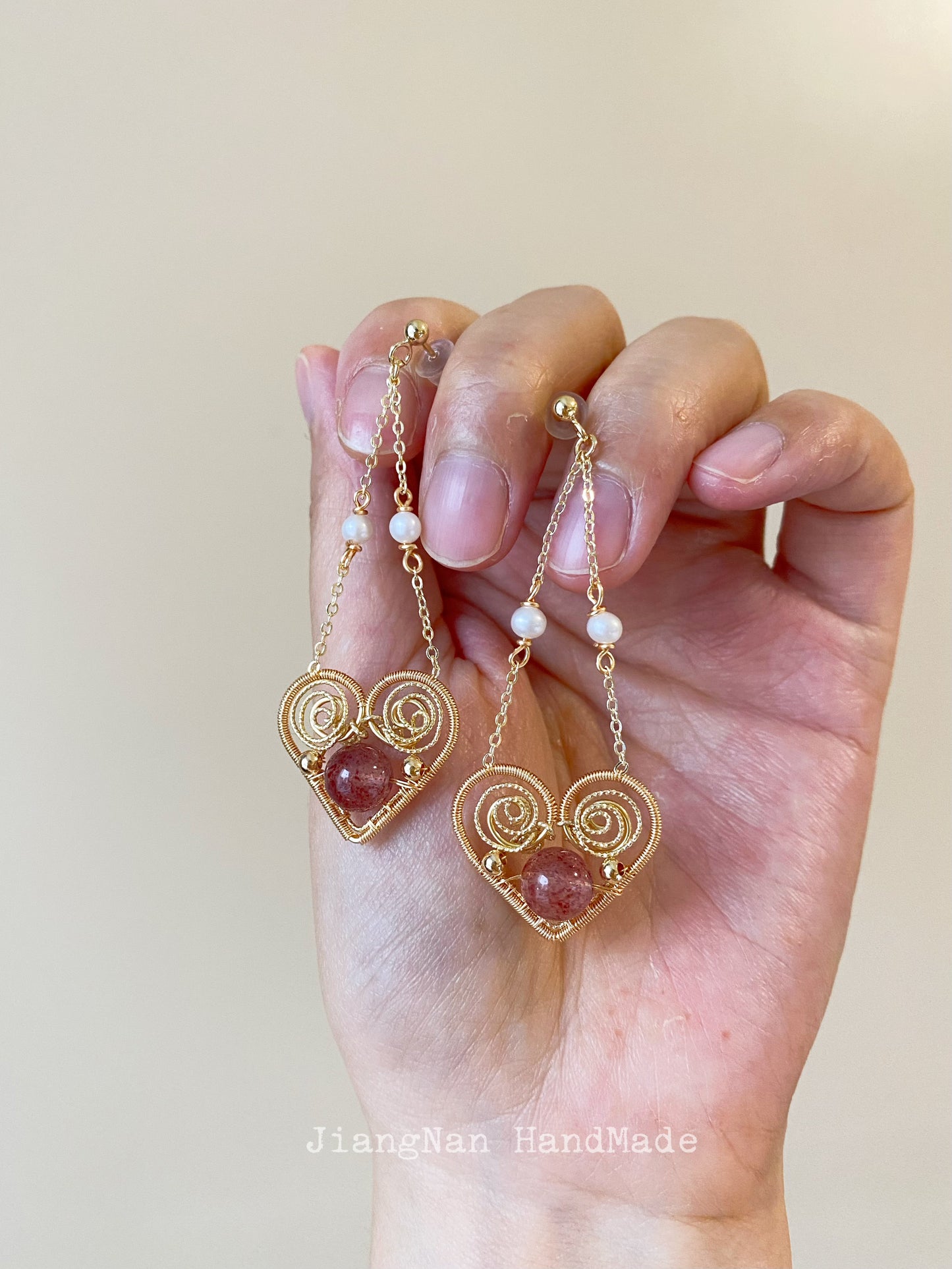 Handmade Heart Shape Earrings with stawberry quatz- Wire Wrapped Jewelry