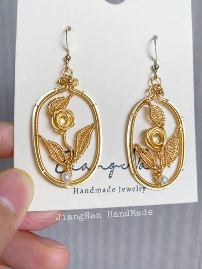 Oval Shape Rose And Leaves Earrings - Wire Wrapping Jewelry with 14K Gold Filled