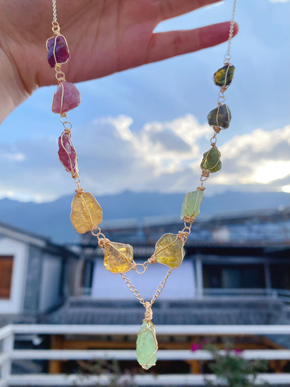 Rainbow Color Of Tourmaline Necklace - Wire Wrapped Jewelry with 14K Gold filled