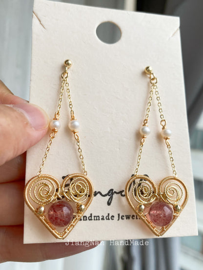 Handmade Heart Shape Earrings with stawberry quatz- Wire Wrapped Jewelry