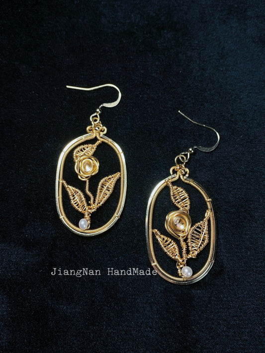 Oval Shape Rose And Leaves Earrings - Wire Wrapping Jewelry with 14K Gold Filled