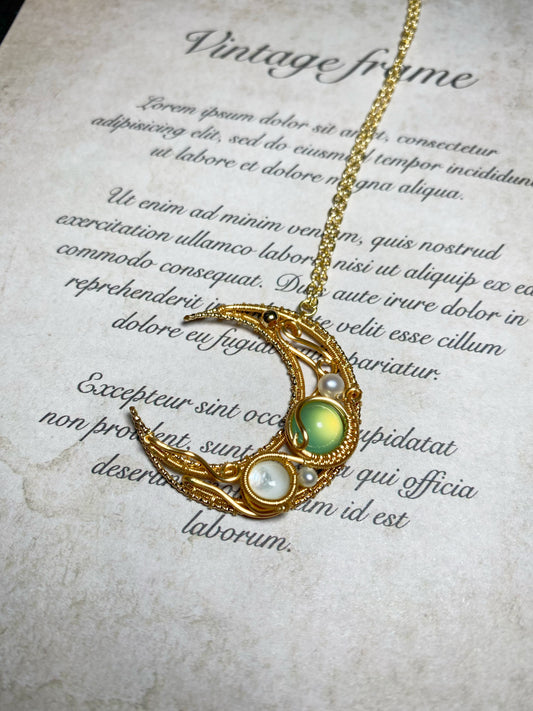 Moon wire wrapped necklace made by hand, 14k gold filled